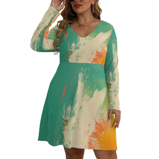 All-Over Print Women's V-neck Long Sleeve Dress(Plus Size)