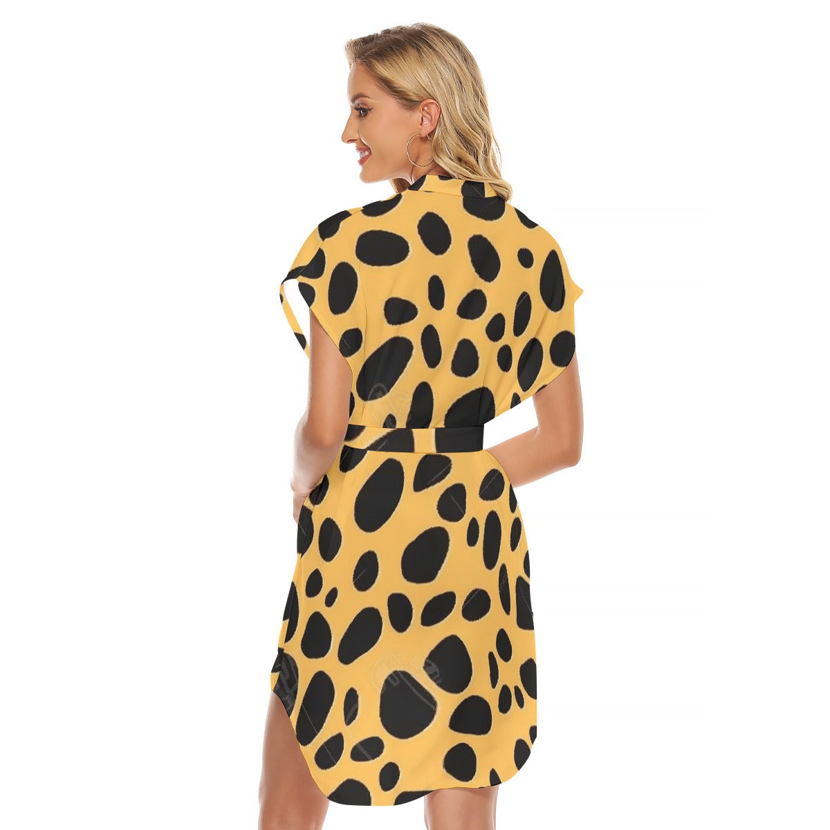 All-Over Print Women's Stand-up Collar Casual Dress With Belt