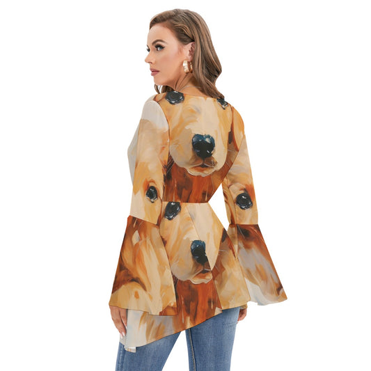 All-Over Print Women's V-neck Blouse With Flared Sleeves