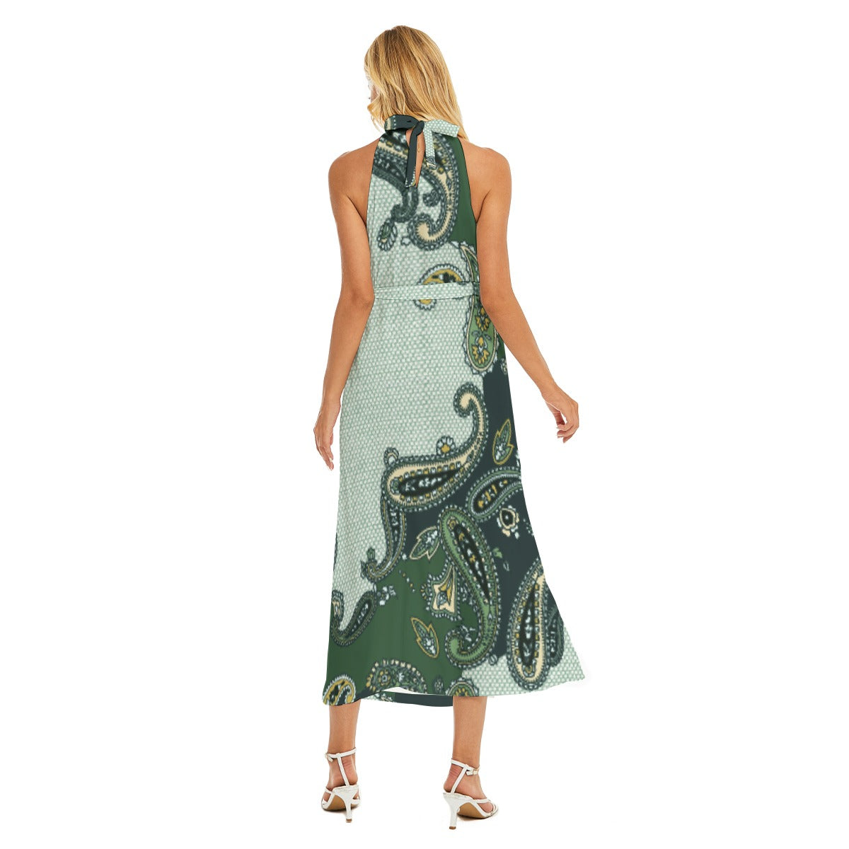 All-Over Print Women's Wrap Hem Belted Halter Dress