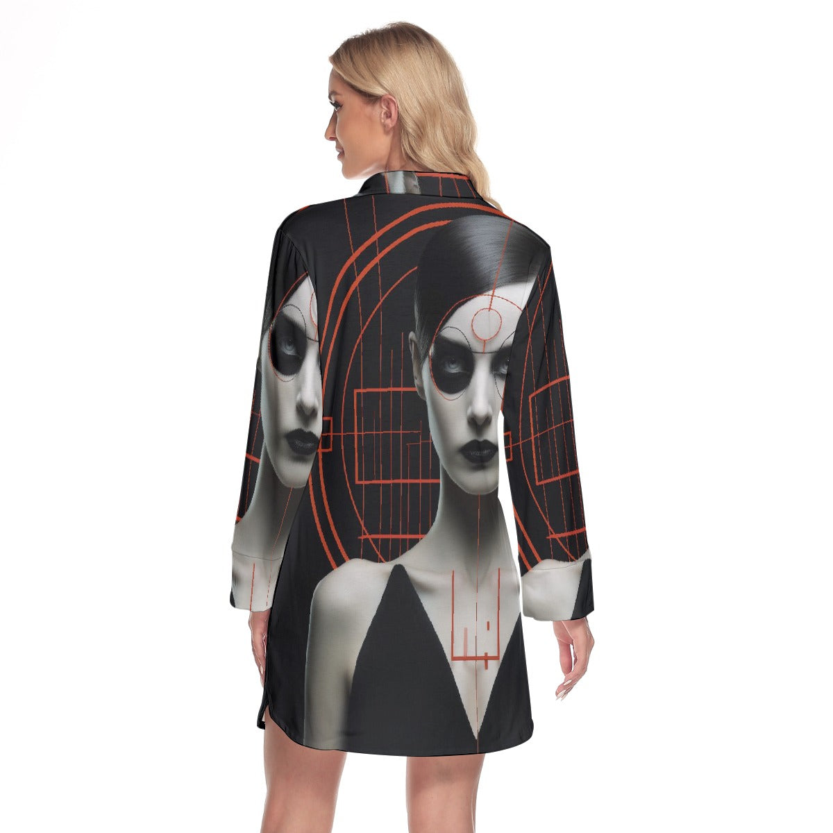 All-Over Print Women's Lapel Shirt Dress With Long Sleeve