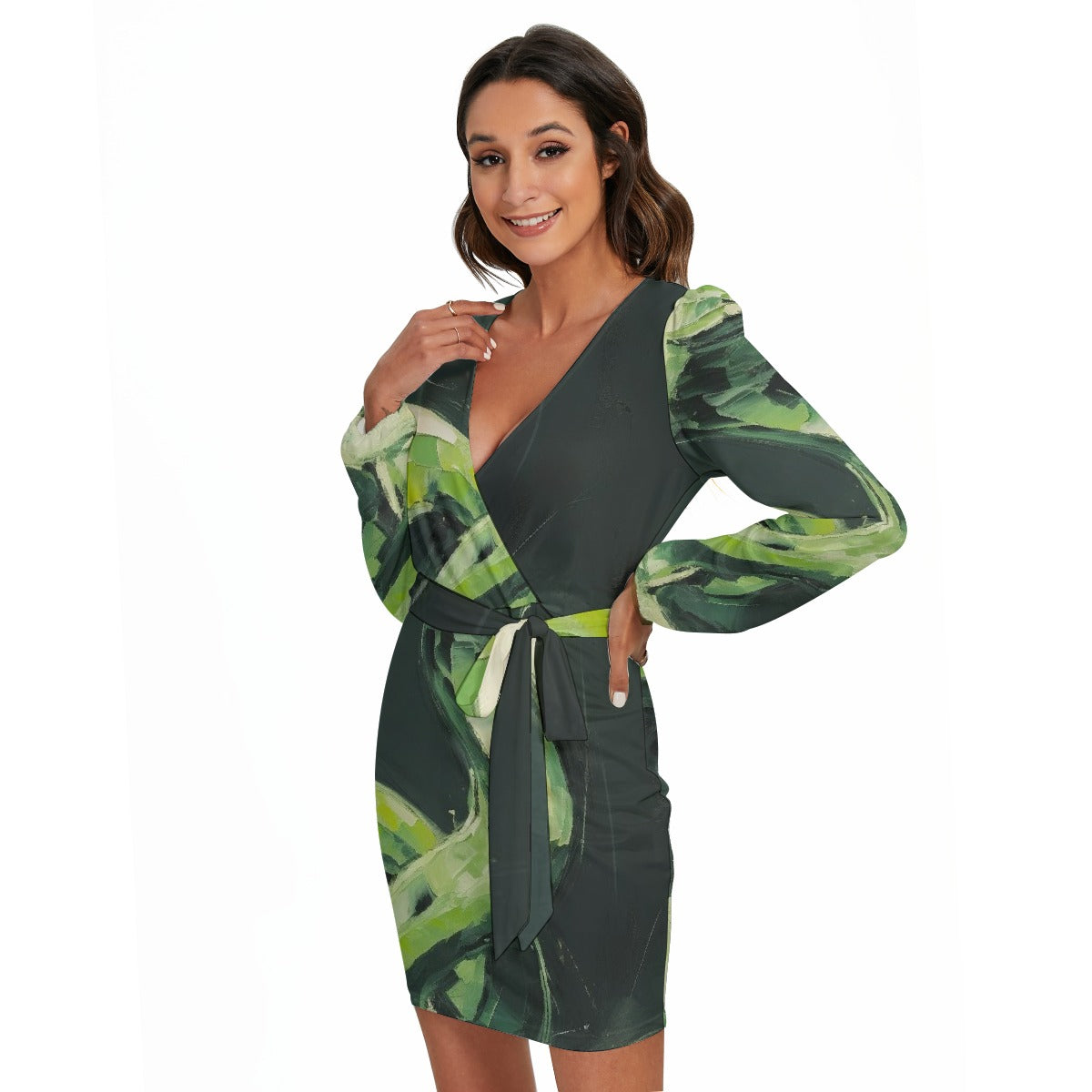 All-Over Print Women's Long Sleeve Dress With Waist Belt