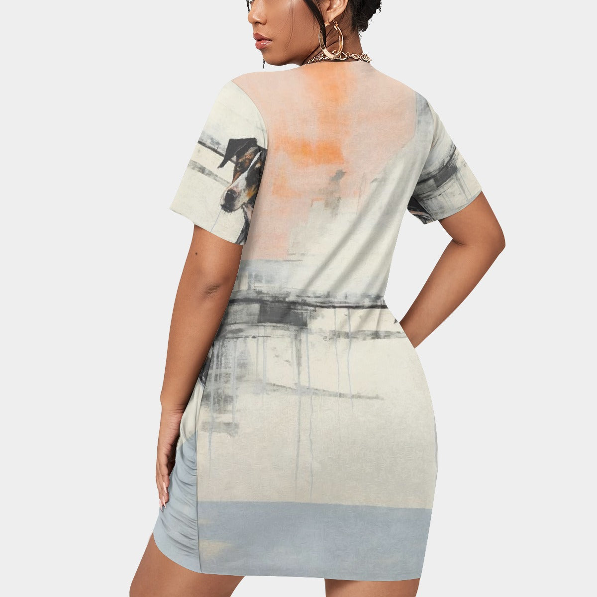 All-Over Print Women’s Stacked Hem Dress With Short Sleeve（Plus Size）