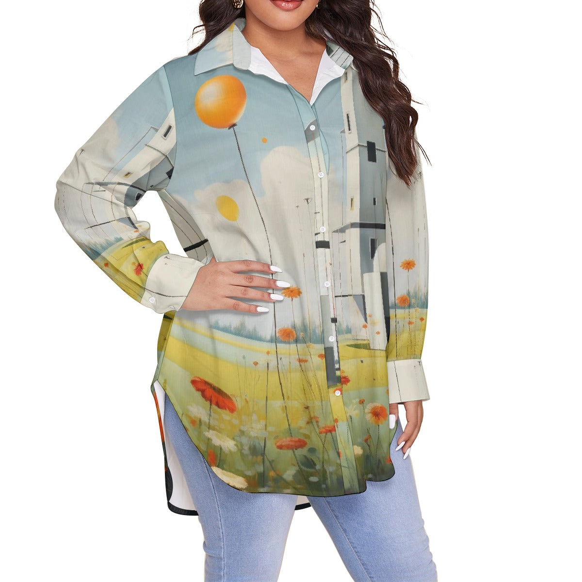 All-Over Print Women's Shirt With Long Sleeve(Plus Size)