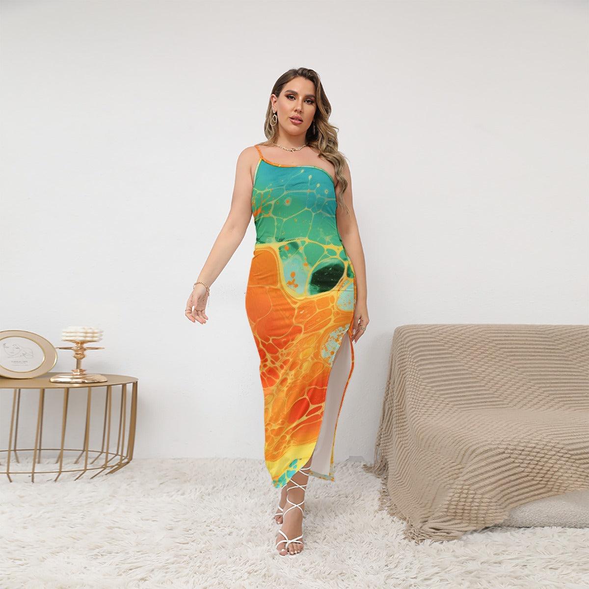 All-Over Print Women's Oblique-Shoulder Exposure Dress With Side Split (Plus Size)