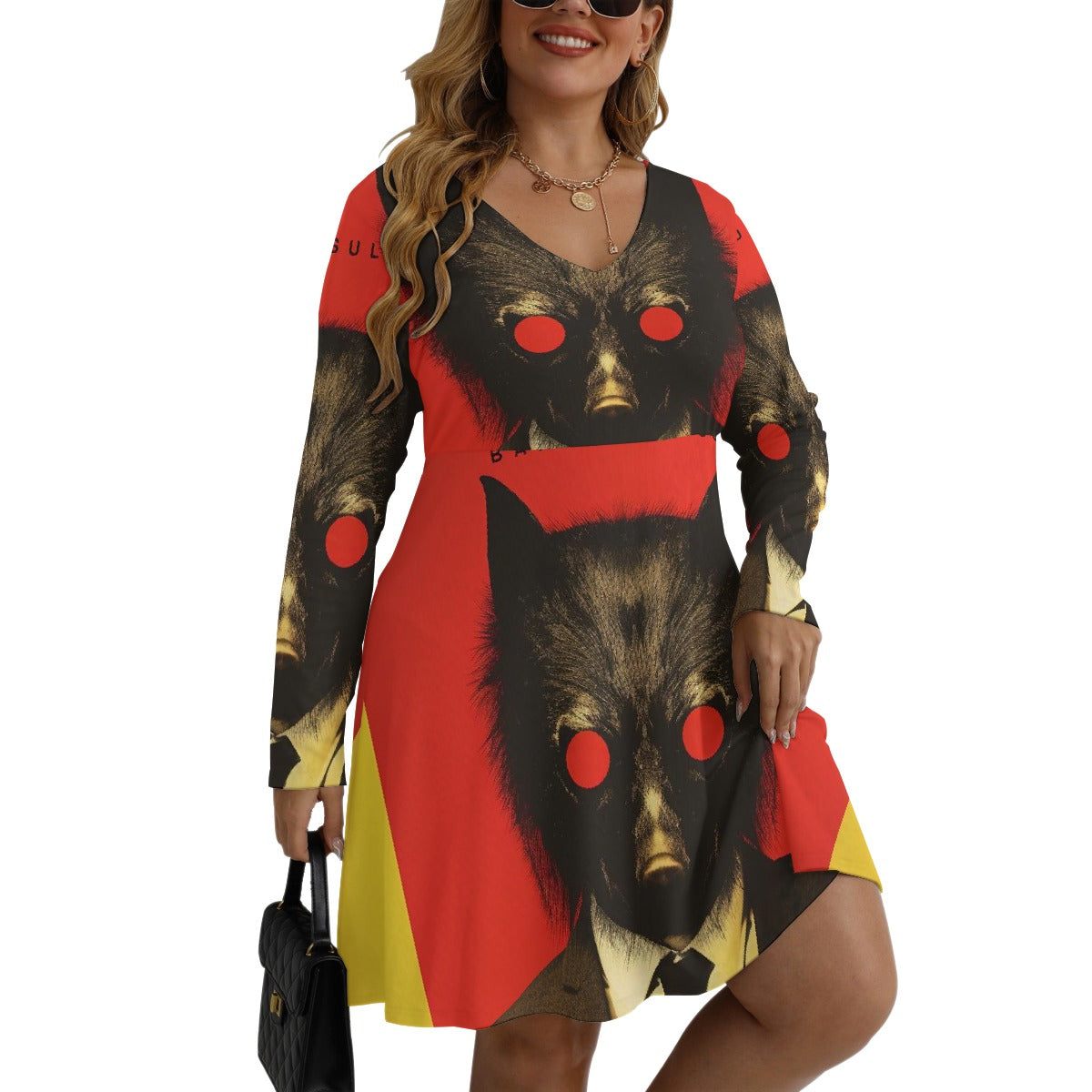 All-Over Print Women's V-neck Long Sleeve Dress(Plus Size)