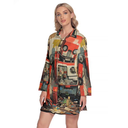 All-Over Print Women's Lapel Shirt Dress With Long Sleeve