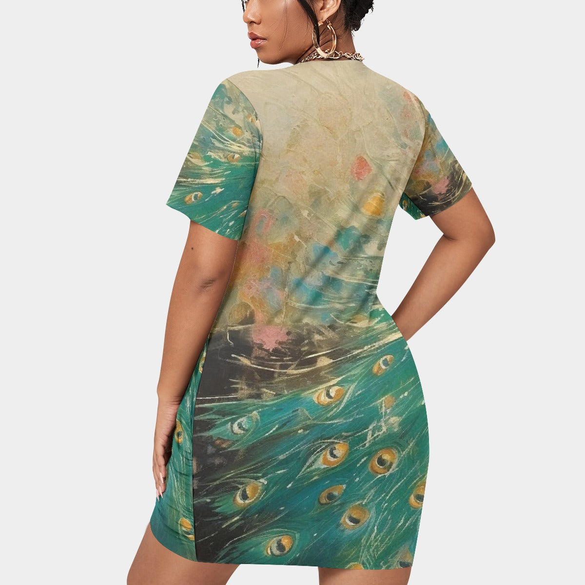 All-Over Print Women’s Stacked Hem Dress With Short Sleeve（Plus Size）