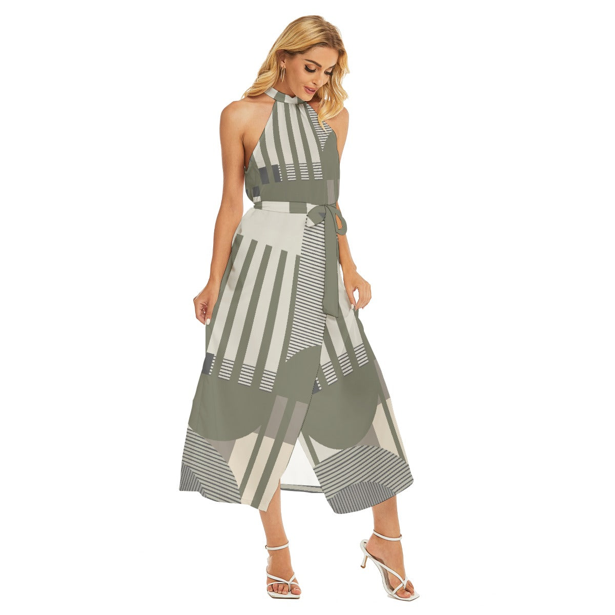 All-Over Print Women's Wrap Hem Belted Halter Dress