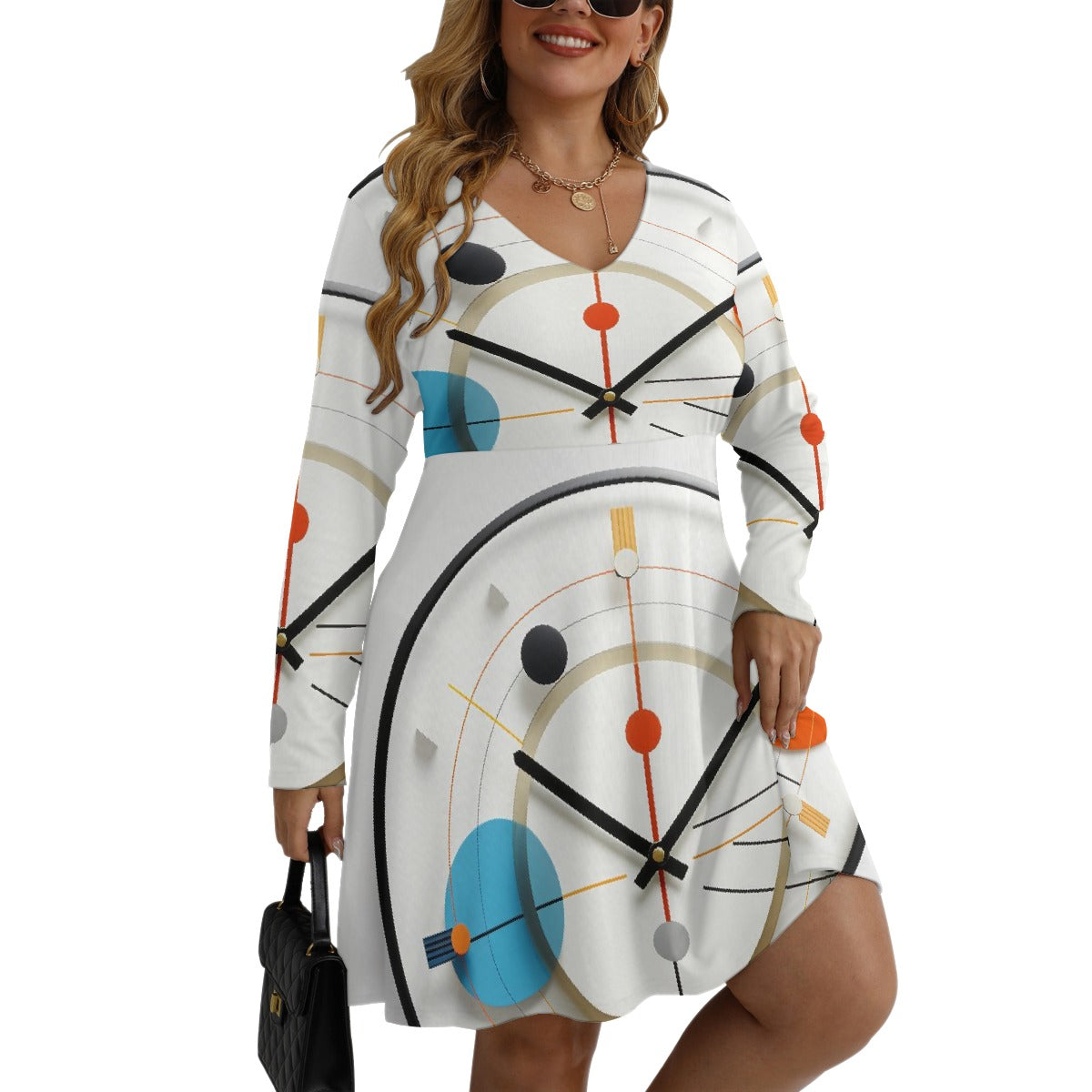 All-Over Print Women's V-neck Long Sleeve Dress(Plus Size)