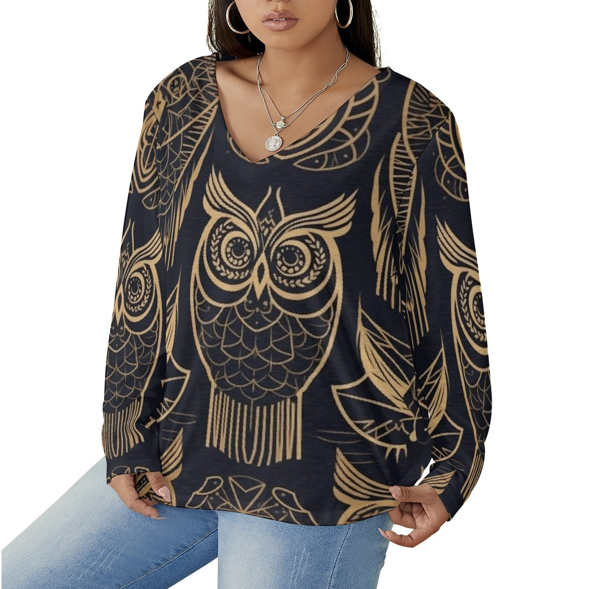 All-Over Print Women's V-neck T-shirt With Curved Hem(Plus Size)