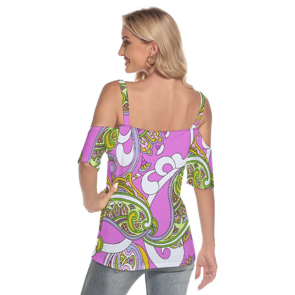 All-Over Print Women's Cold Shoulder T-shirt With Criss Cross Strips