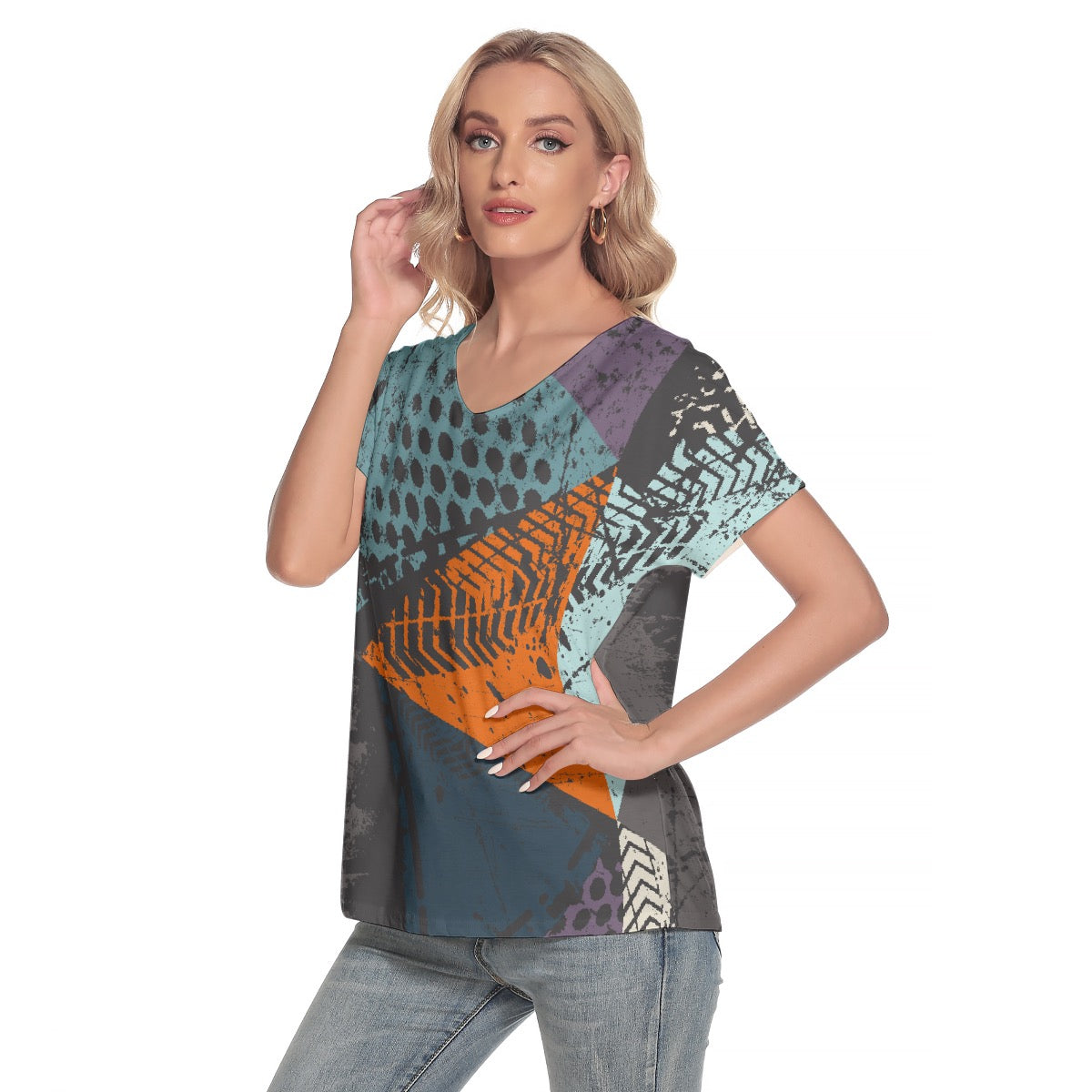 All-Over Print Women's Loose V-neck Short Sleeve T-shirt