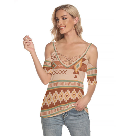 All-Over Print Women's Cold Shoulder T-shirt With Criss Cross Strips