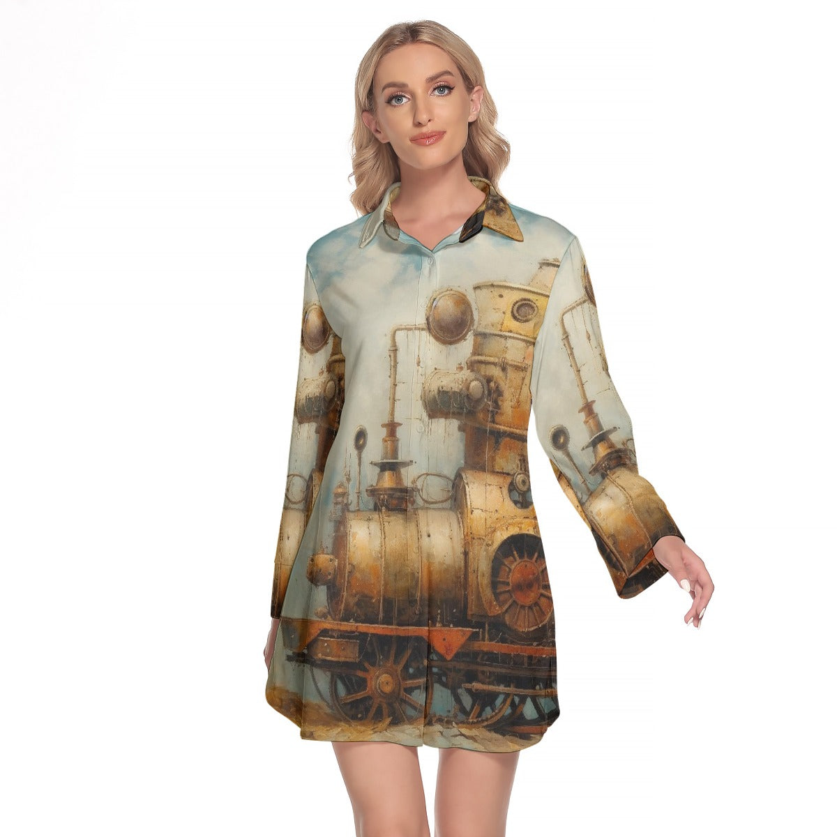 All-Over Print Women's Lapel Shirt Dress With Long Sleeve