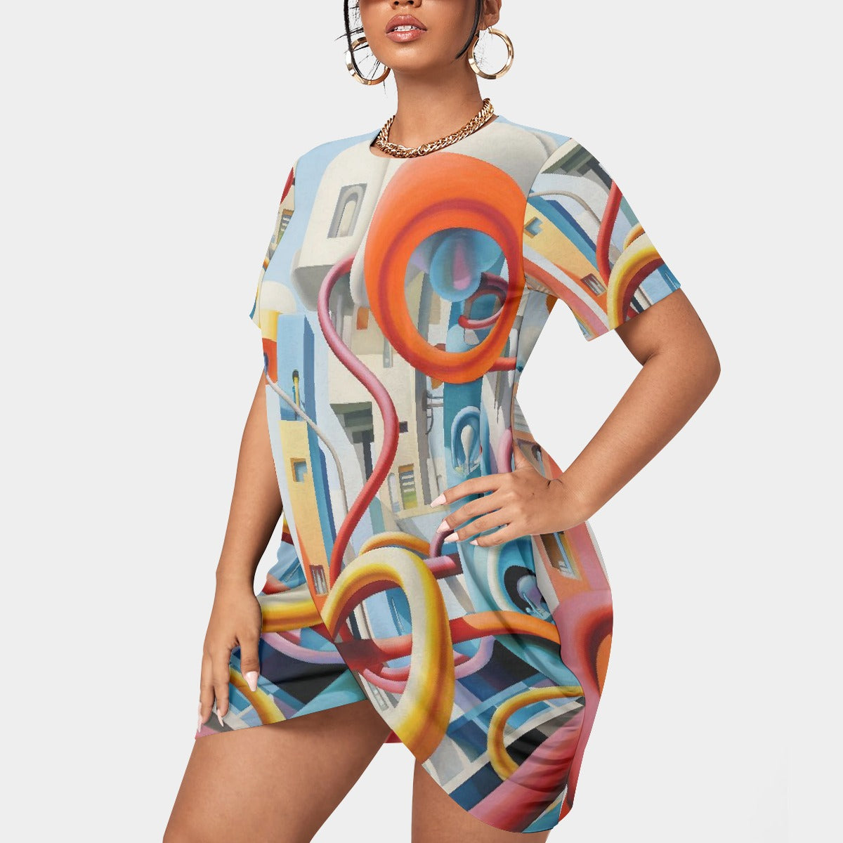 All-Over Print Women’s Stacked Hem Dress With Short Sleeve（Plus Size）