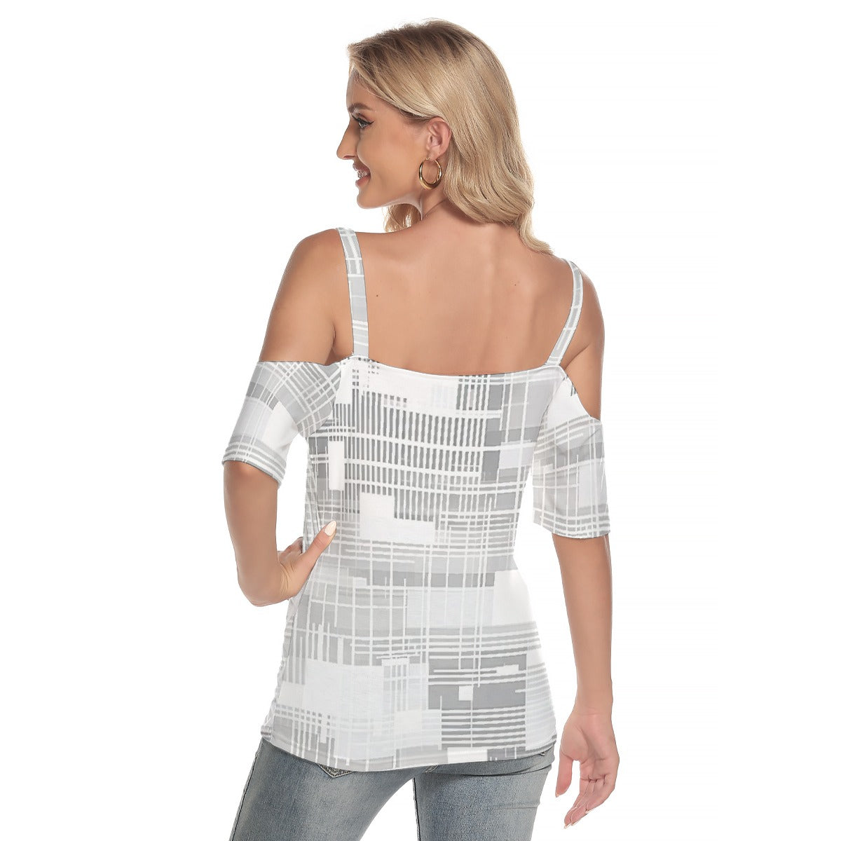 All-Over Print Women's Cold Shoulder T-shirt With Criss Cross Strips