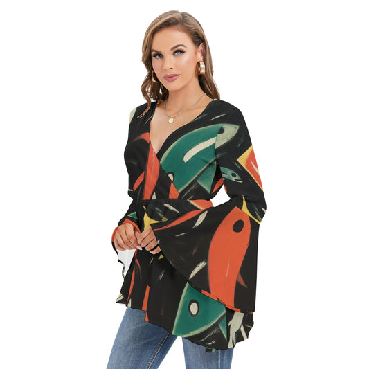 All-Over Print Women's V-neck Blouse With Flared Sleeves