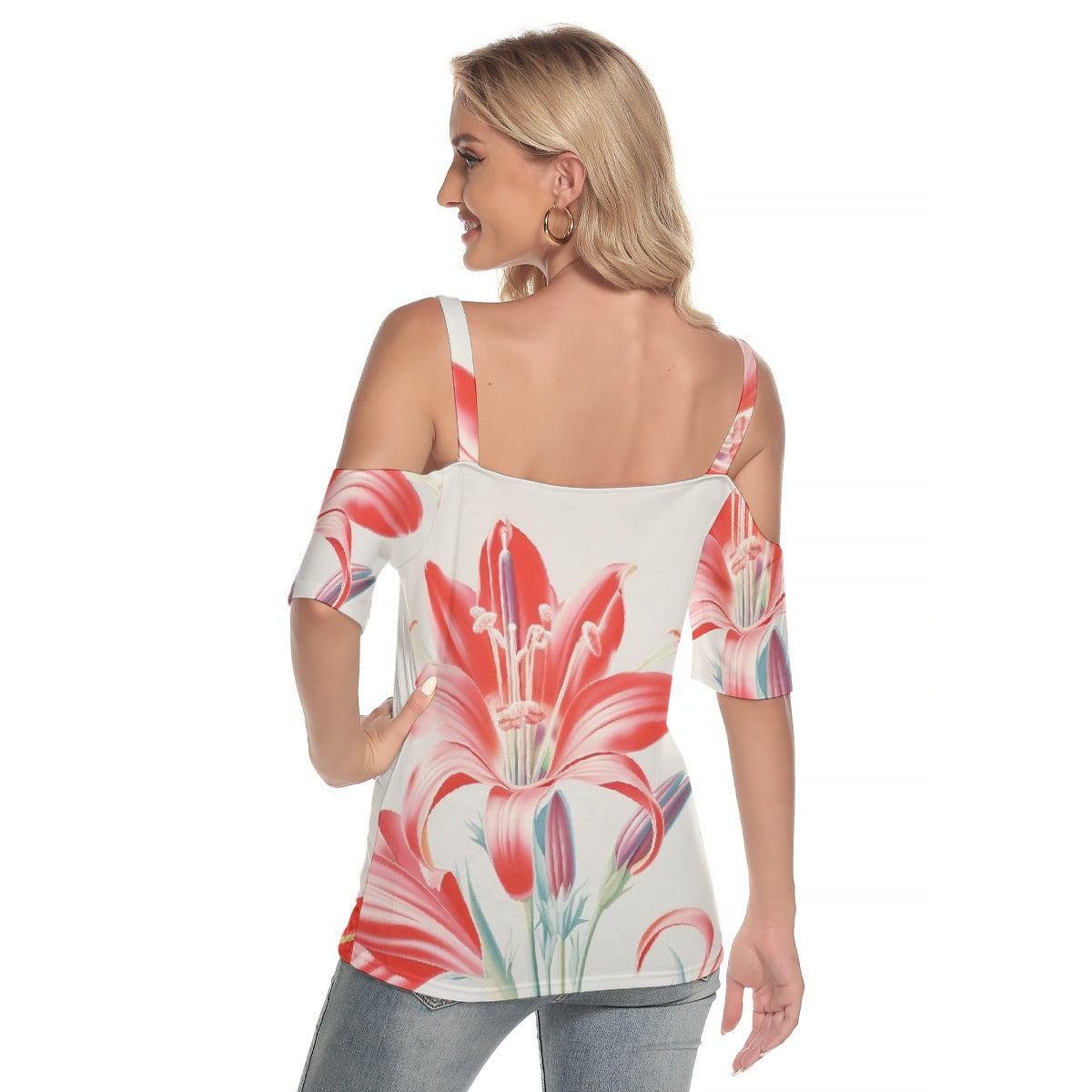 All-Over Print Women's Cold Shoulder T-shirt With Criss Cross Strips