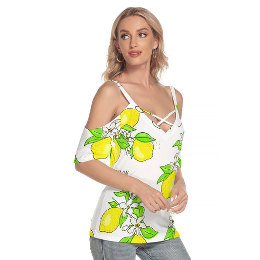 All-Over Print Women's Cold Shoulder T-shirt With Criss Cross Strips