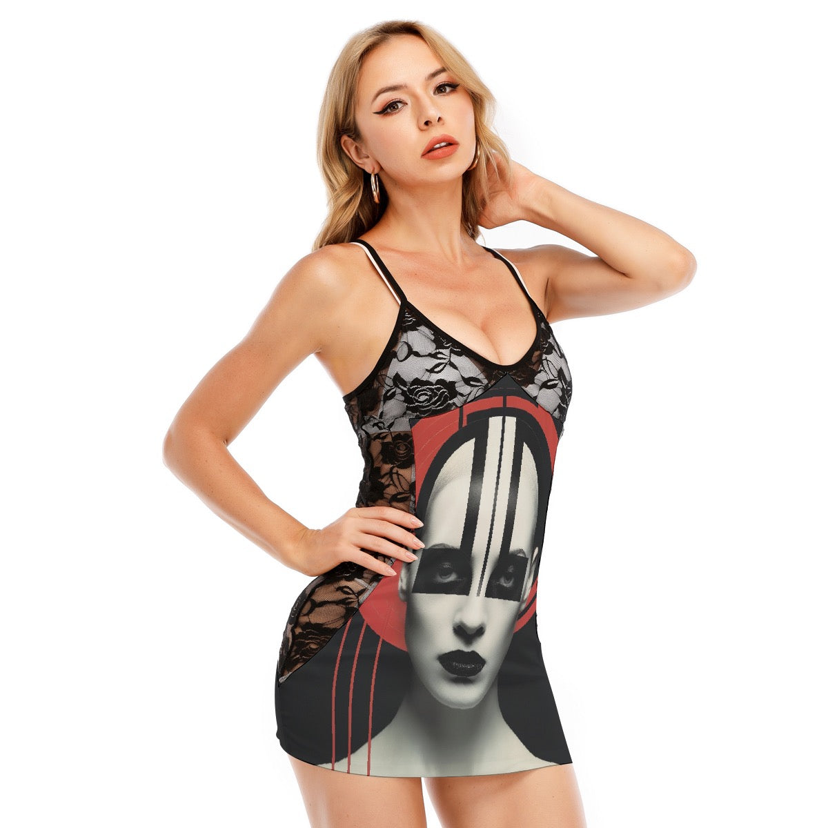 All-Over Print Women's Black Lace Cami Dress