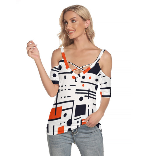 All-Over Print Women's Cold Shoulder T-shirt With Criss Cross Strips