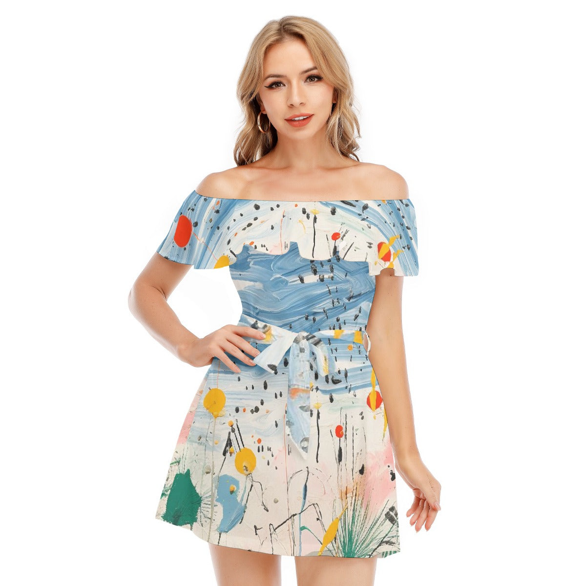 All-Over Print Women's Off-shoulder Dress With Ruffle