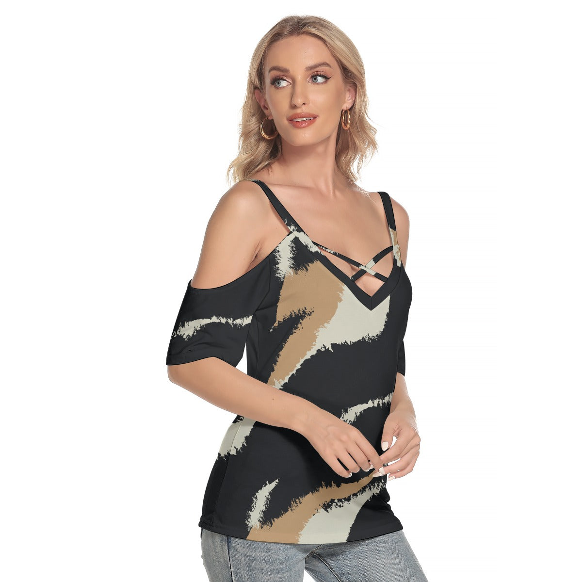 All-Over Print Women's Cold Shoulder T-shirt With Criss Cross Strips