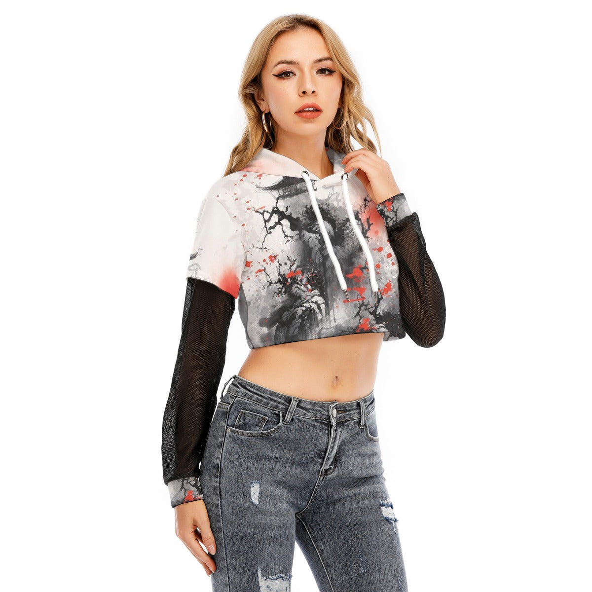 All-Over Print Women's Fake Two-piece Mesh Sleeve Cropped Hoodie