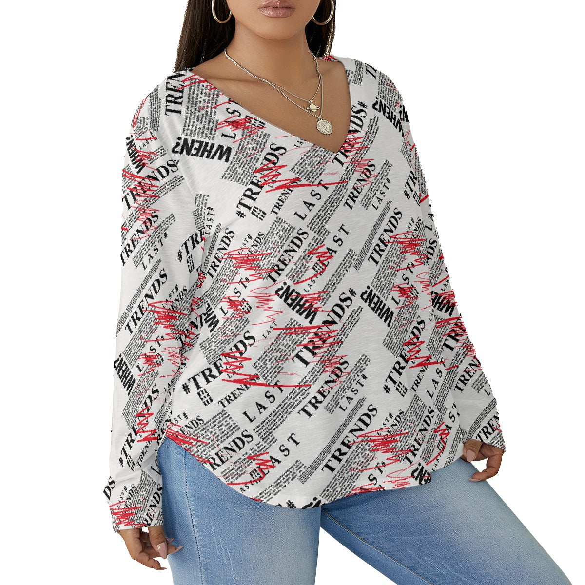 All-Over Print Women's V-neck T-shirt With Curved Hem(Plus Size)