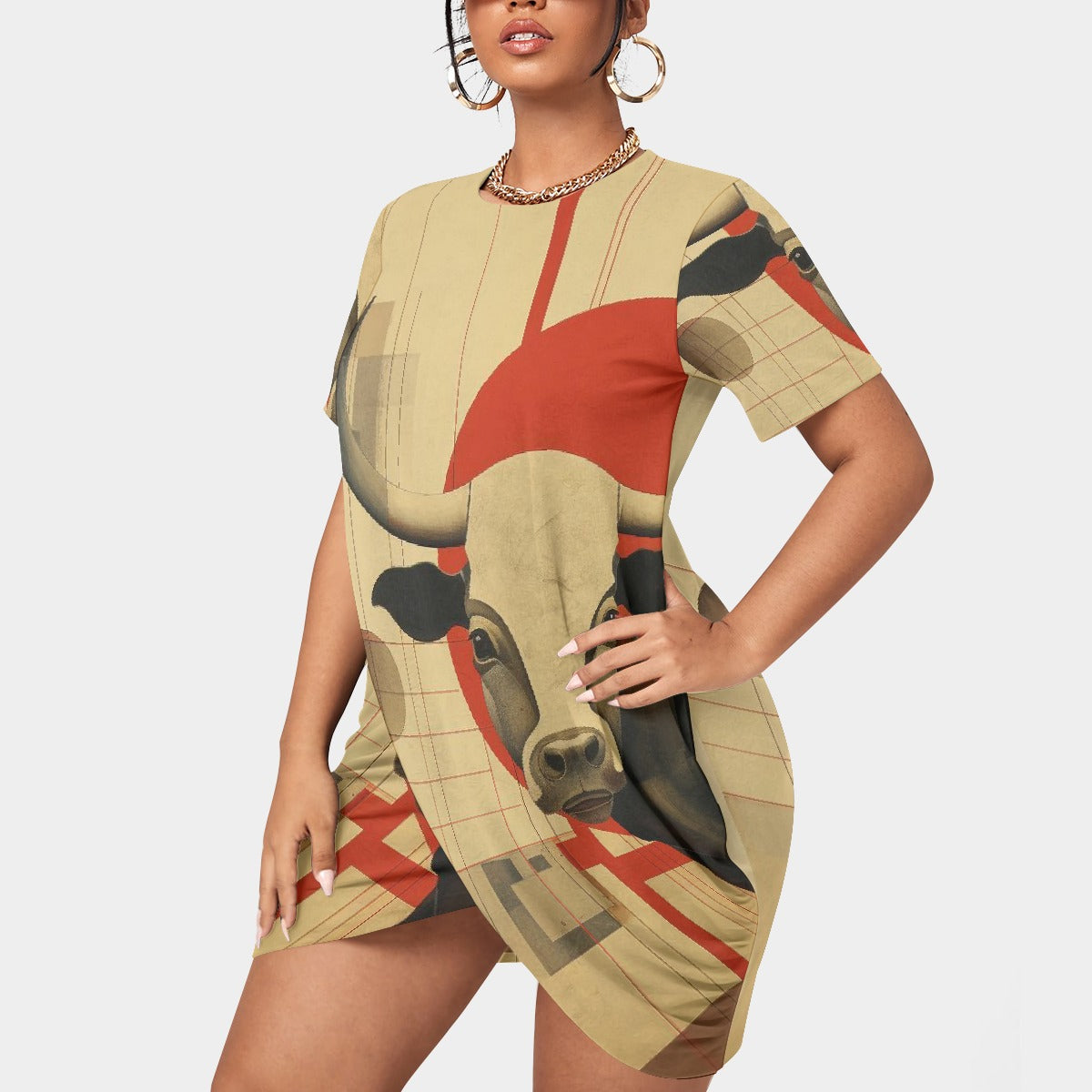 All-Over Print Women’s Stacked Hem Dress With Short Sleeve（Plus Size）