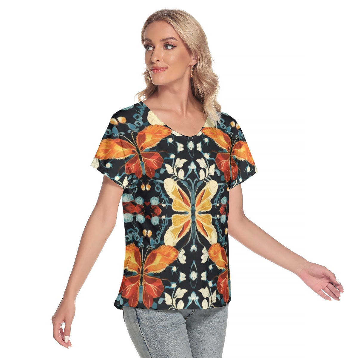 All-Over Print Women's Loose V-neck Short Sleeve T-shirt