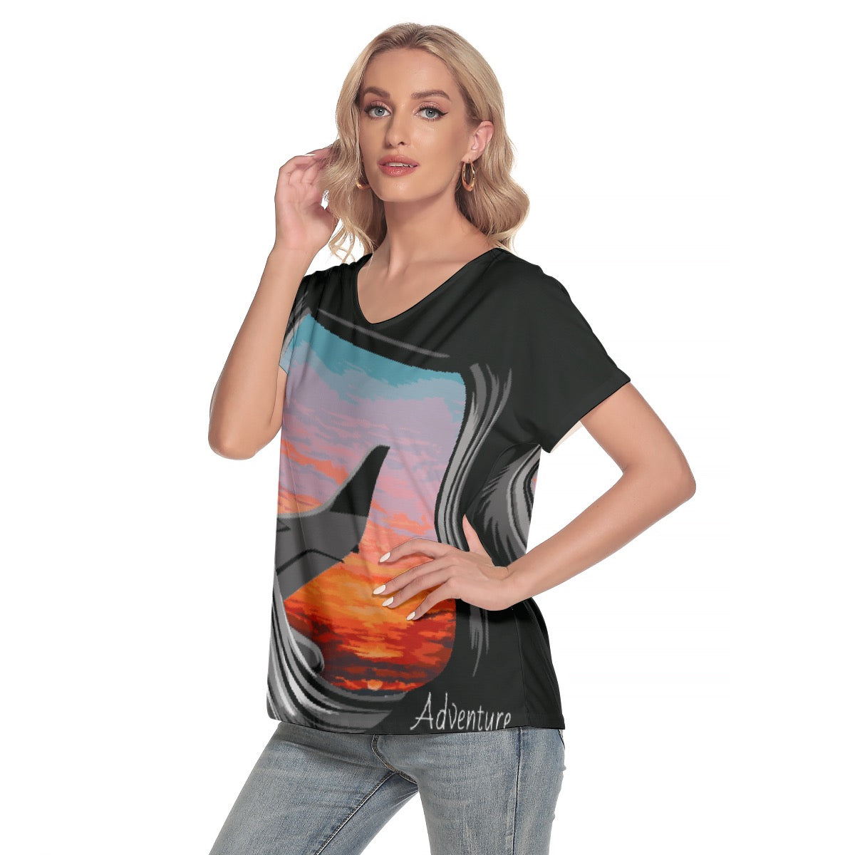 All-Over Print Women's Loose V-neck Short Sleeve T-shirt