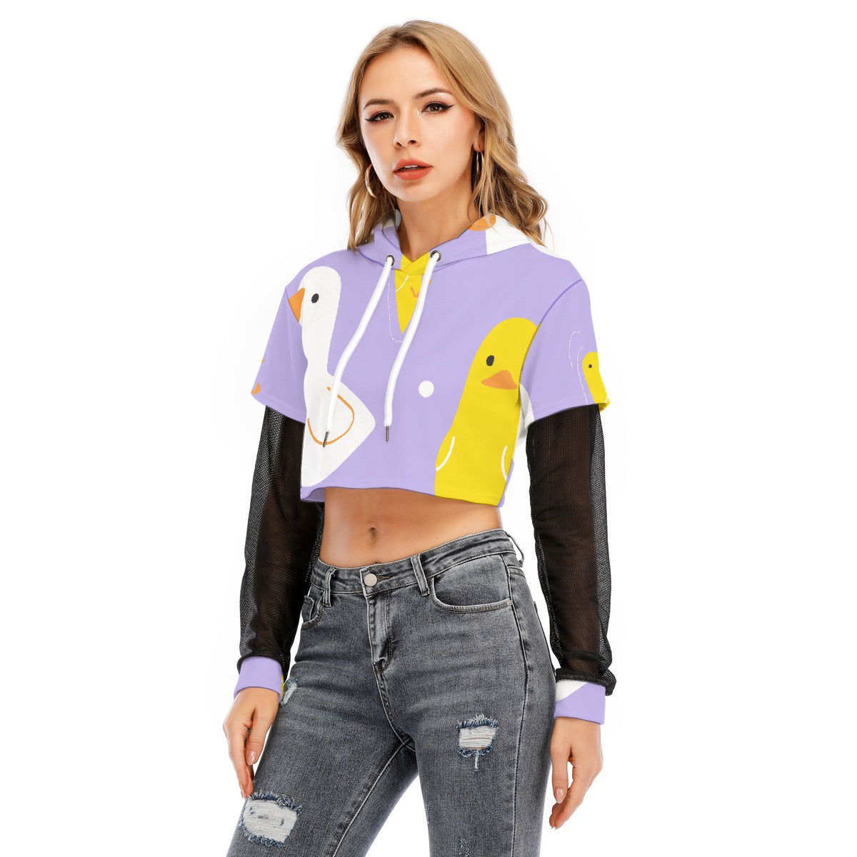 All-Over Print Women's Fake Two-piece Mesh Sleeve Cropped Hoodie