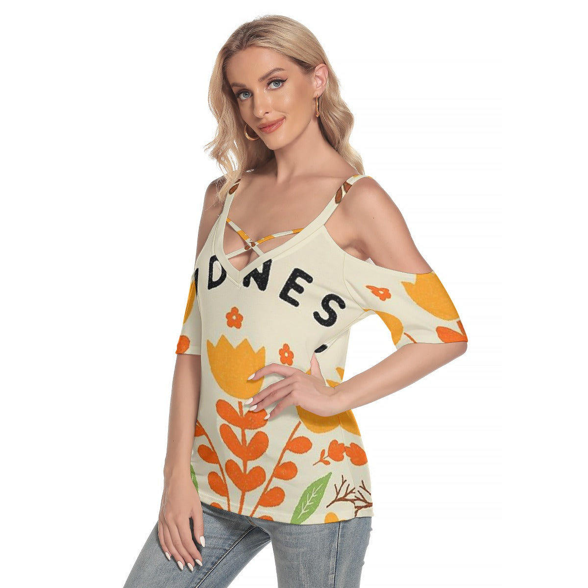 All-Over Print Women's Cold Shoulder T-shirt With Criss Cross Strips