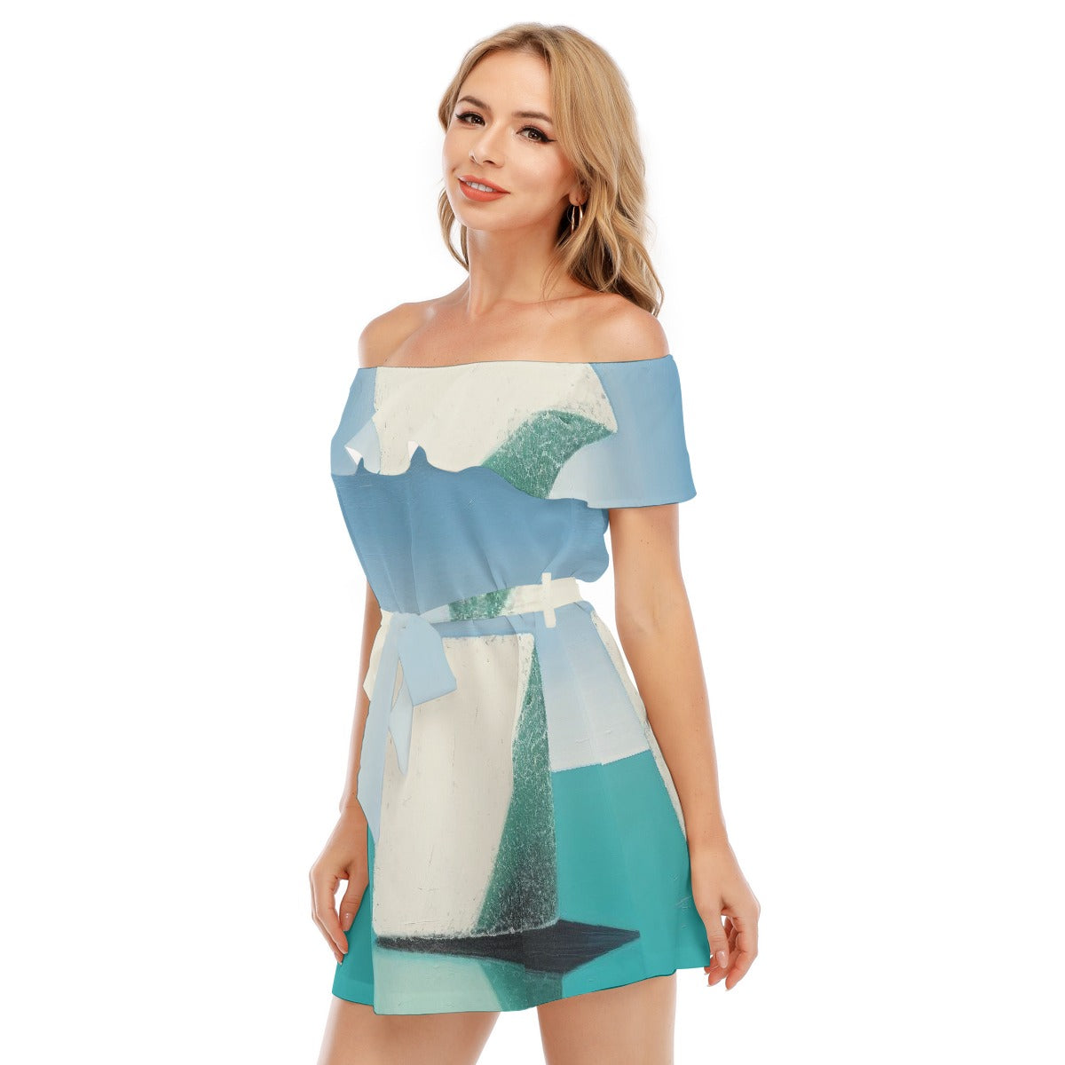 All-Over Print Women's Off-shoulder Dress With Ruffle