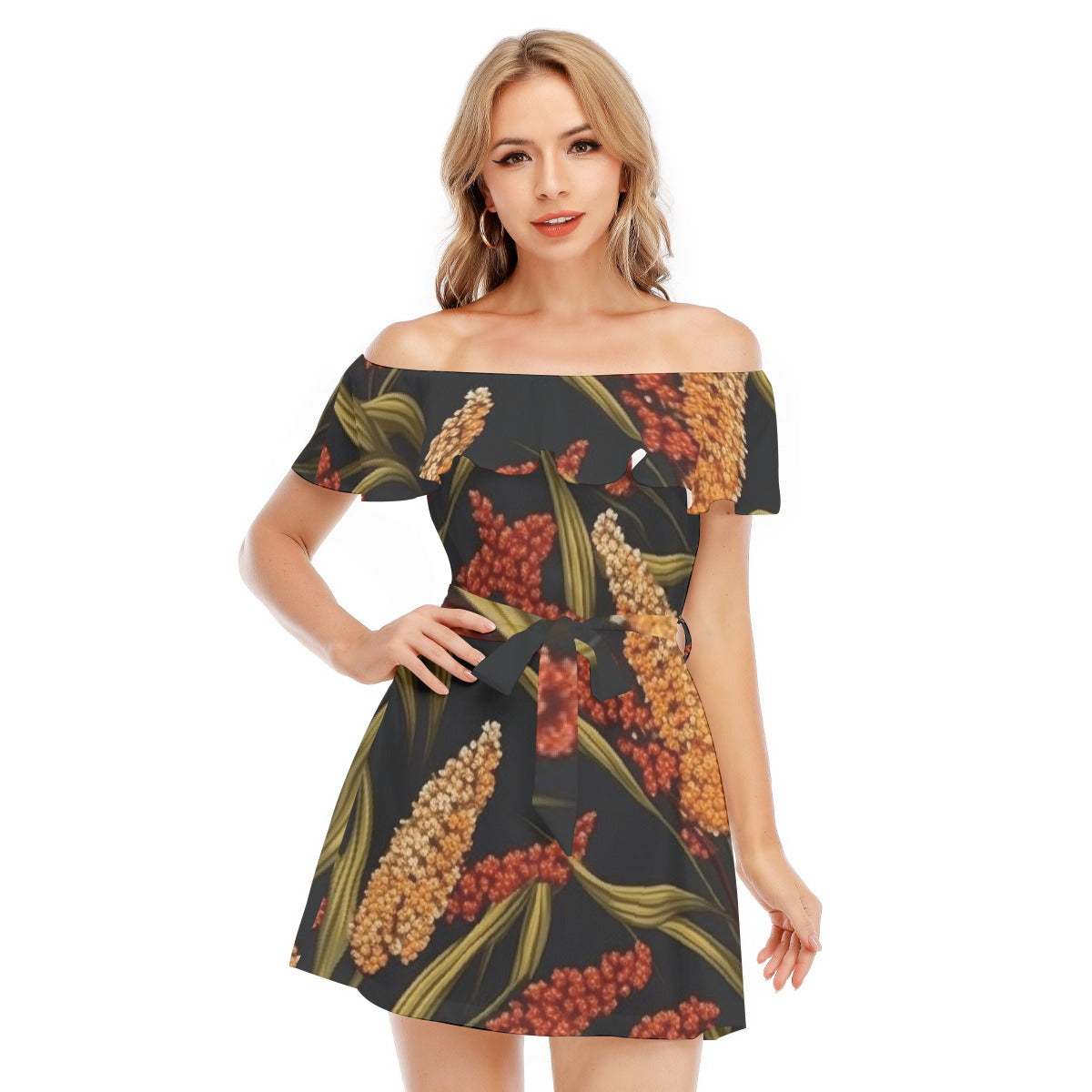 All-Over Print Women's Off-shoulder Dress With Ruffle