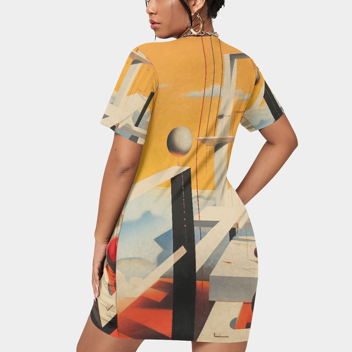 All-Over Print Women’s Stacked Hem Dress With Short Sleeve（Plus Size）