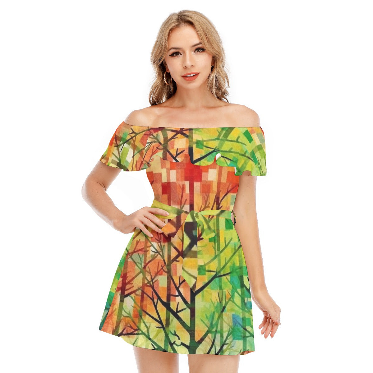 All-Over Print Women's Off-shoulder Dress With Ruffle