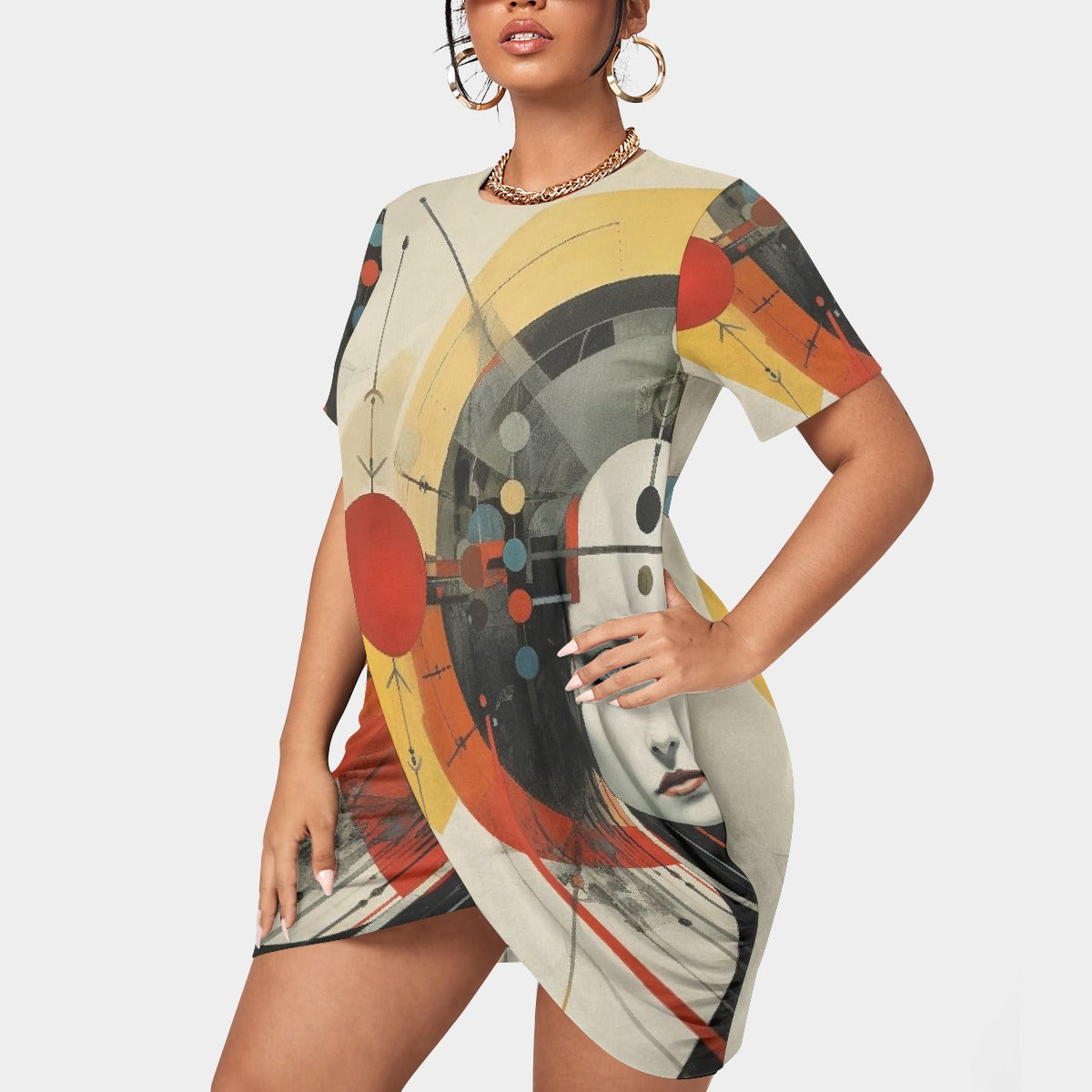 All-Over Print Women’s Stacked Hem Dress With Short Sleeve（Plus Size）