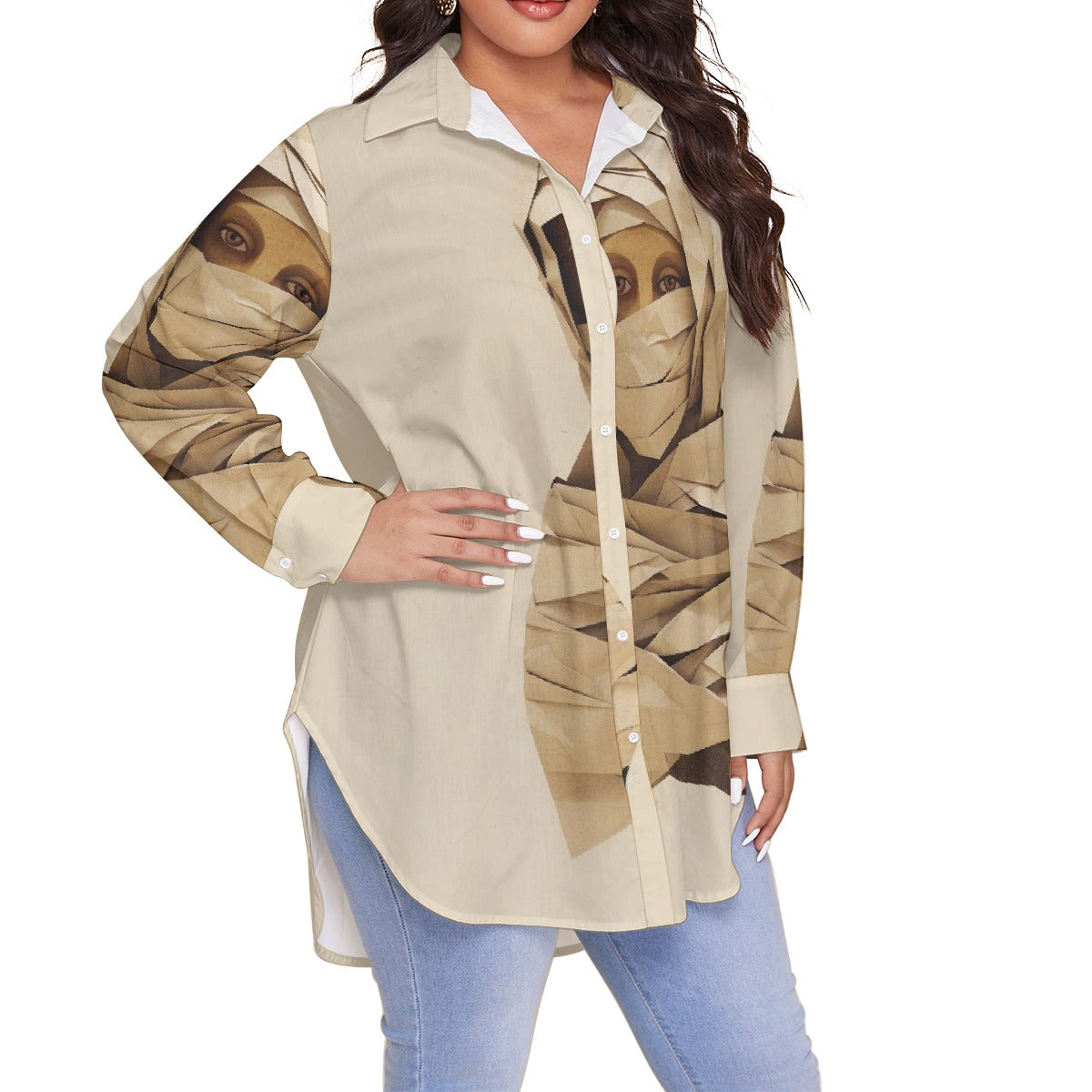 All-Over Print Women's Shirt With Long Sleeve(Plus Size)