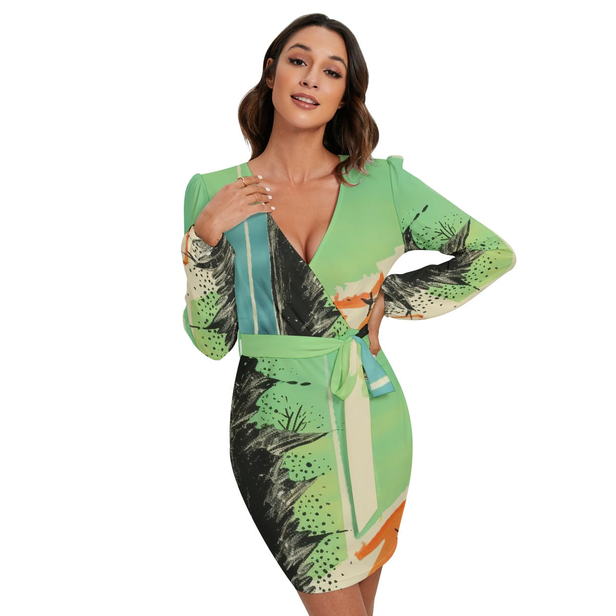 All-Over Print Women's Long Sleeve Dress With Waist Belt