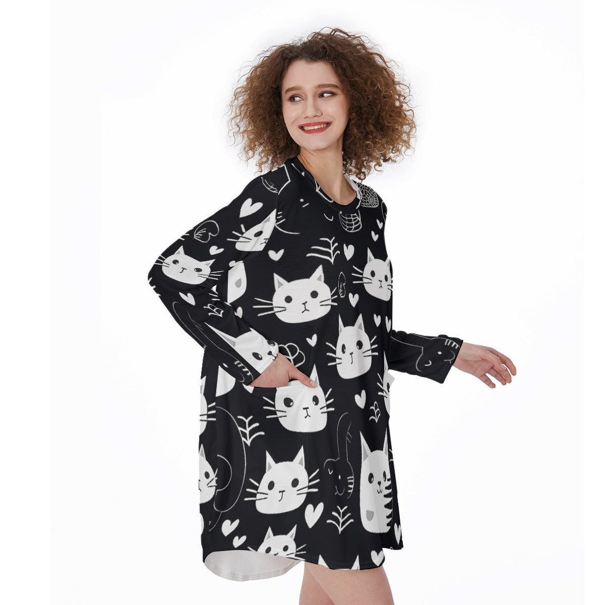 All-Over Print Women's Casual Loose Long Sleeve Dress With Pocket