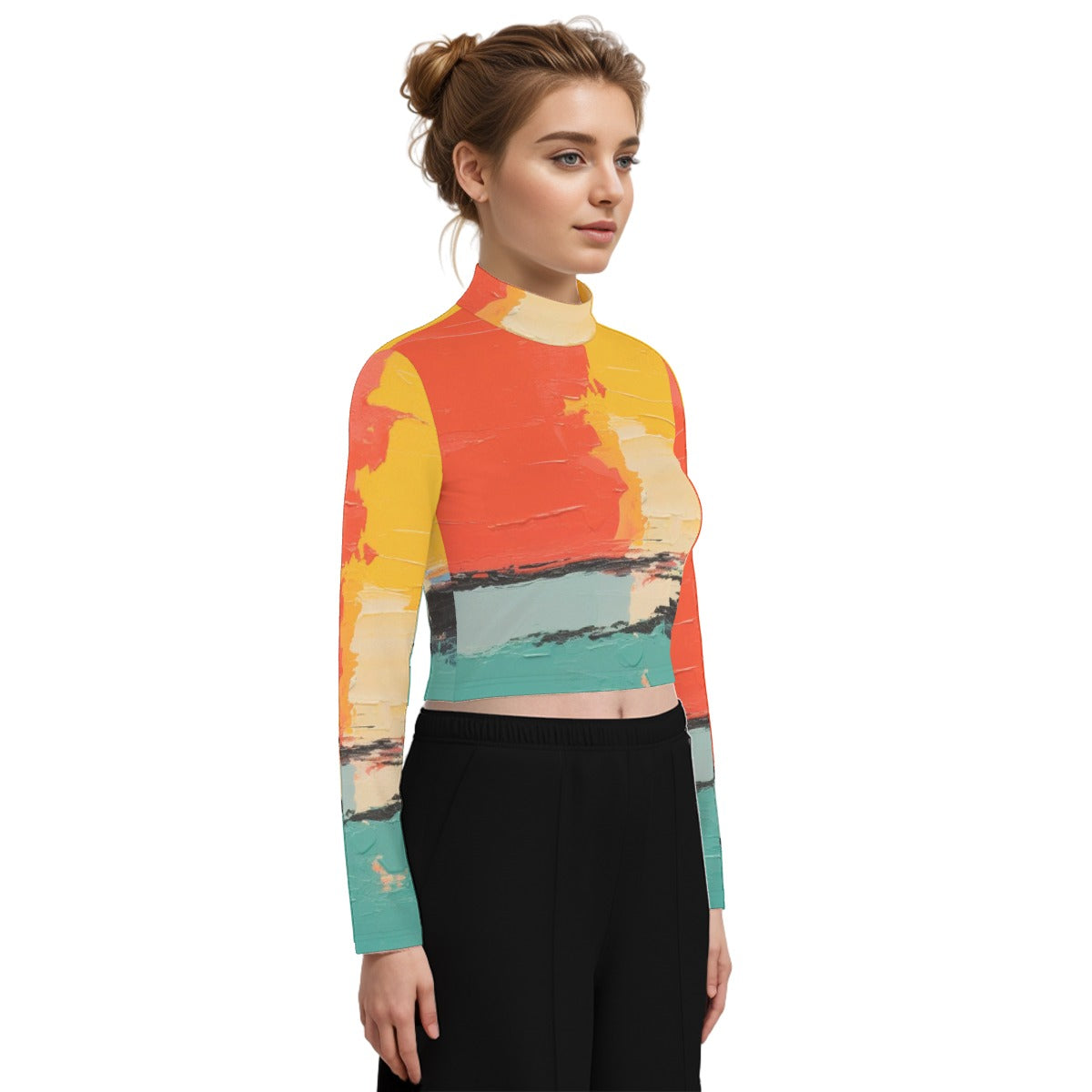 Eco-Friendly All-Over Print Women's Turtleneck T-shirt With Long Sleeve