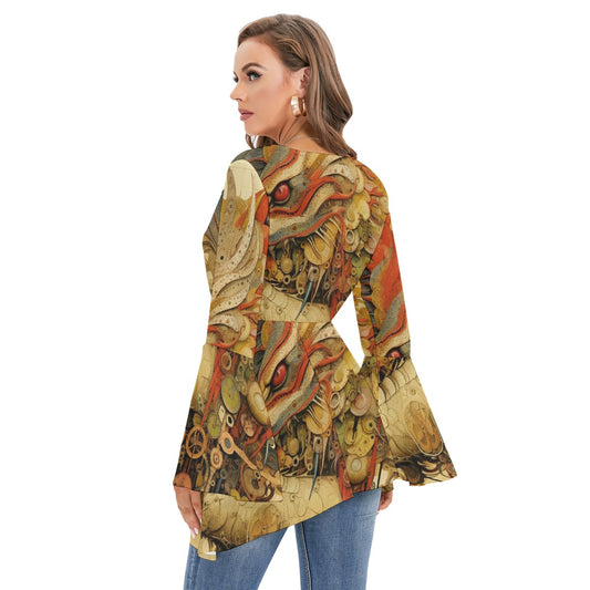 All-Over Print Women's V-neck Blouse With Flared Sleeves