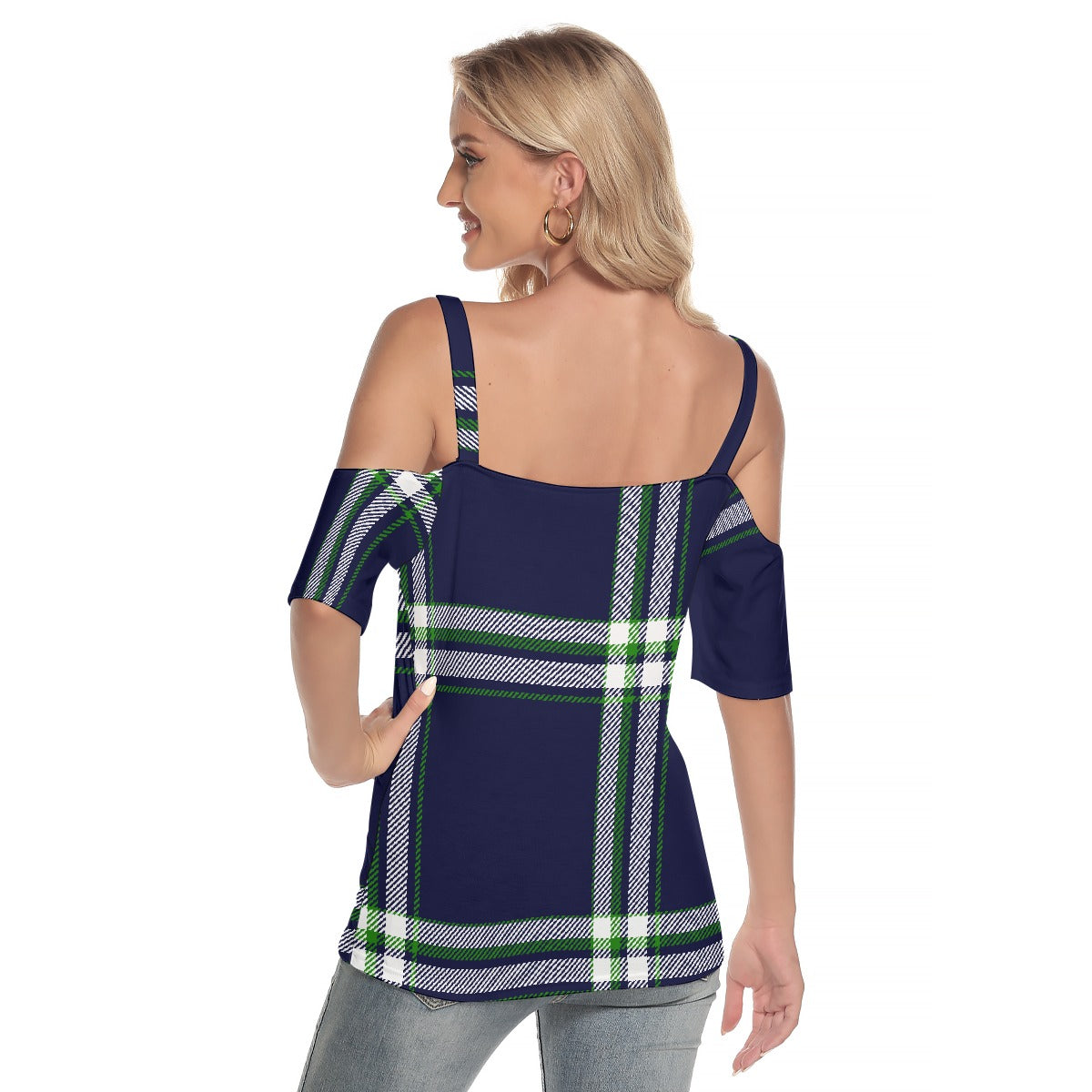 All-Over Print Women's Cold Shoulder T-shirt With Criss Cross Strips