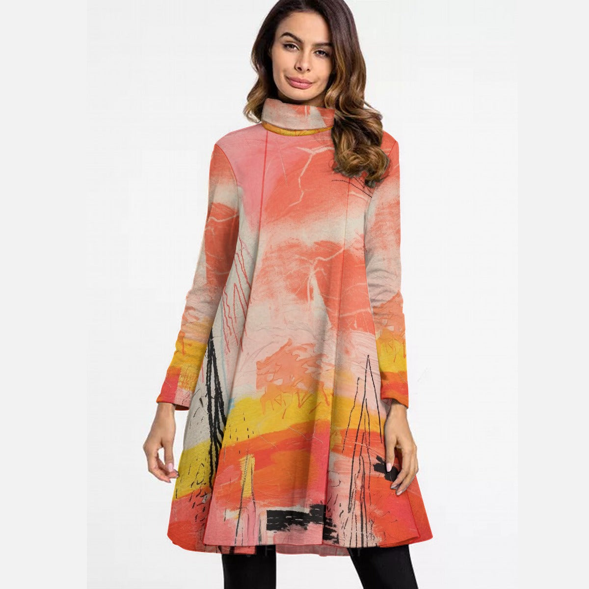 All-Over Print Women's High Neck Dress With Long Sleeve