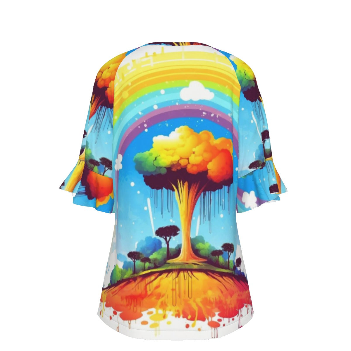 All-Over Print V-neck Women's T-shirt With Bell Sleeve