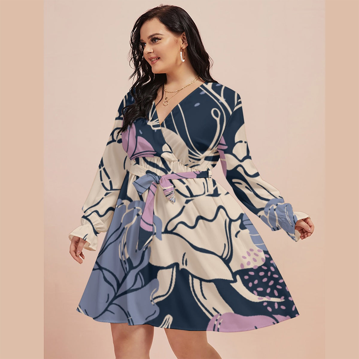 All-Over Print Women's V-neck Dress With Waistband(Plus Size)