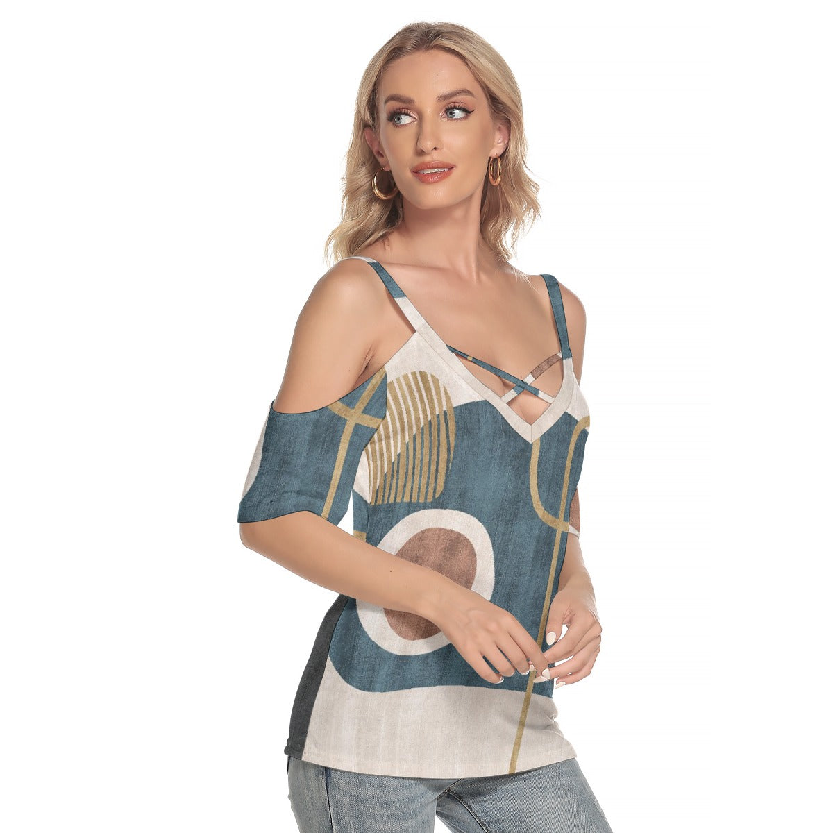 All-Over Print Women's Cold Shoulder T-shirt With Criss Cross Strips